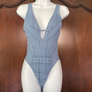 BECCA Crochet Plunge One Piece Swimsuit S Blue NWT Lace Cutout